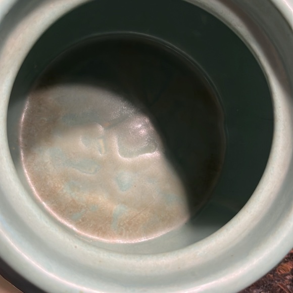 Vintage Glazed Pottery Bean Chili-Soup lg Pot w/6 crocks Signed USA Blue Green - Picture 8 of 12